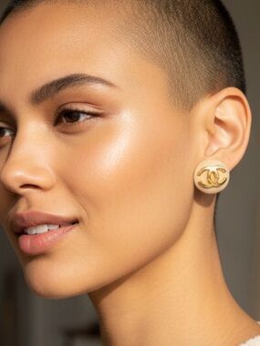 Large Gold-Tone Button Stud Earrings in Cream